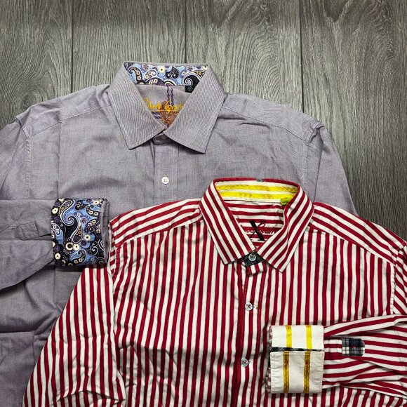Robert Graham Flip Cuff Dress Shirt Lot of 2 Budle Striped Purple Large - Picture 1 of 16